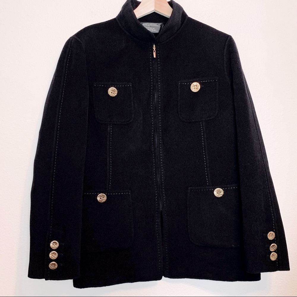 Black Label St. John Black Wool Coat Gold buttons